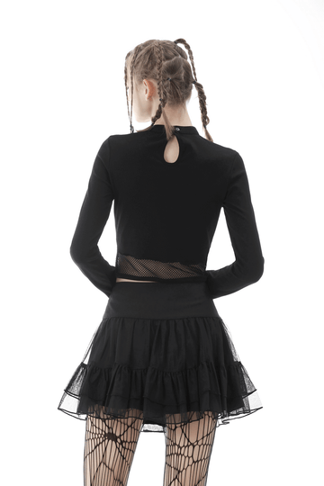 Black Gothic Crop Top with Mesh and Strap Accents